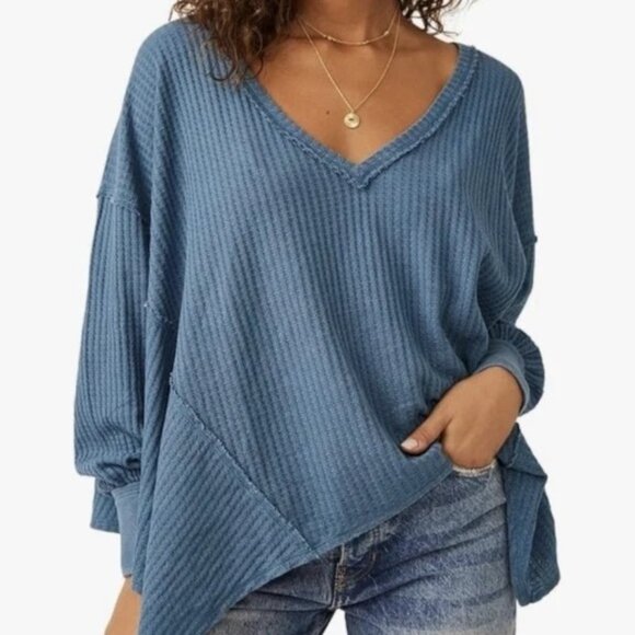 Free People Women's Size Medium Oversized Coraline Top Shirt Blue Thermal - Picture 1 of 9